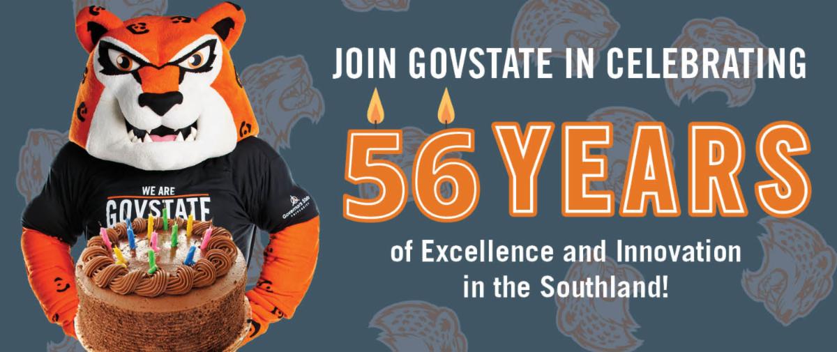 a graphic for the govstate 56th birthday party with jax the jaguar