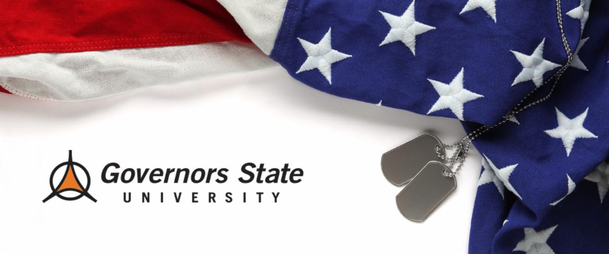 an image of the american flag with military flags with the governors state university logo
