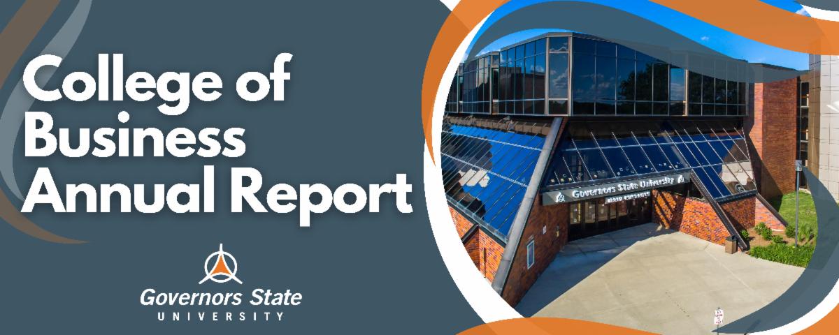 a graphic for the college of business annual report with a picture of the school with white orange blue and gray coloring