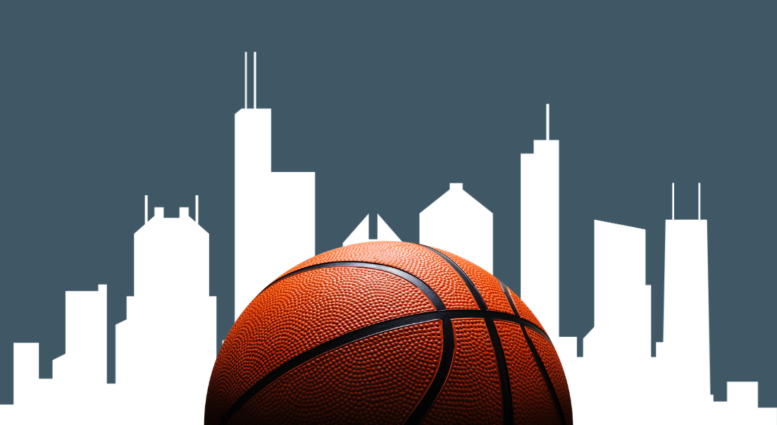 a basketball in front of the chicago skyline