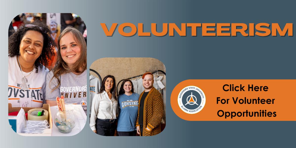 a volunteer image that has govstate alumni volunteers and the alumni association logo with orange blue gray and white coloring