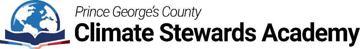 Logo for the Prince George's Climate Stewards Academy (globe and open book)