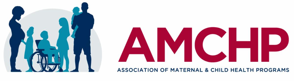 The Association of Maternal & Child Health Programs logo has the full organization name, the initials AMCHP in large uppercase letters, and three pairs of silhouettes, including a pregnant person and a child, a young person and a child using a wheelchair, and an adult holding a child to show different groups of people that AMCHP serves. A semicircle resembling a rising sun is in the background behind the people.