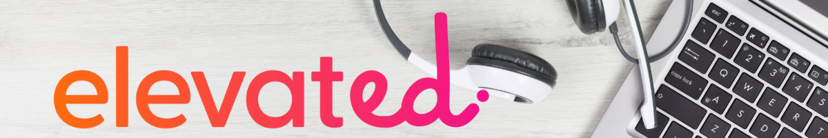 elevateED logo on a desk background showing a laptop and headphones