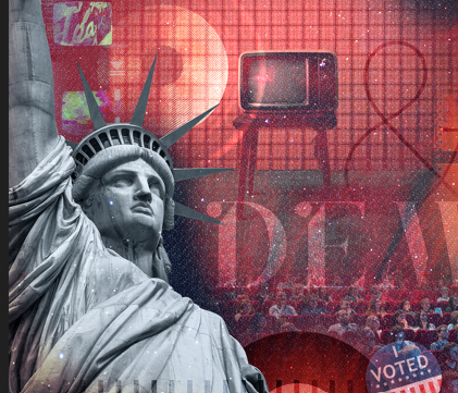 Collage with a statue of liberty, a television, and an "I voted" sticker