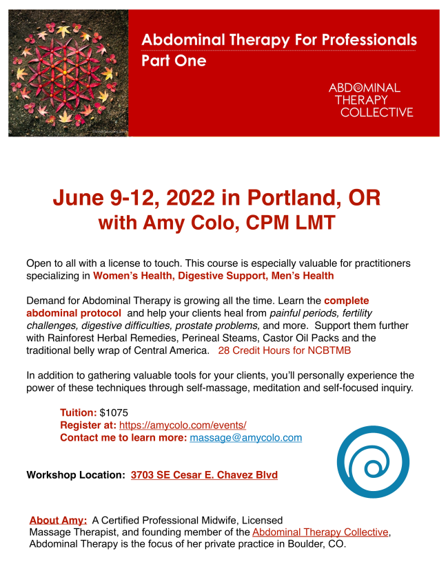 Abdominal Therapy for Professionals, Part One Portland, OR June 9-12, 2022