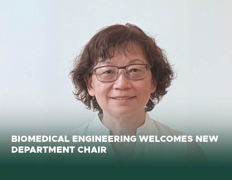 Headshot of  Cheri Deng with text below that reads Biomedical Engineering welcomes new department chair