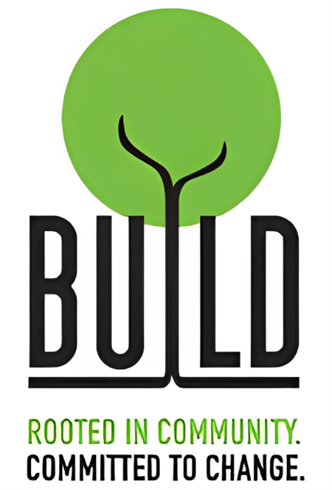 BUILD Rooted in Community Committed to Change on a white background with a tree growing out of the letter I in BUILD