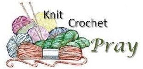 Image of pastel colored yarn balls and a pair of knitting needles with the words Knit, Crochet, Pray printed in gray