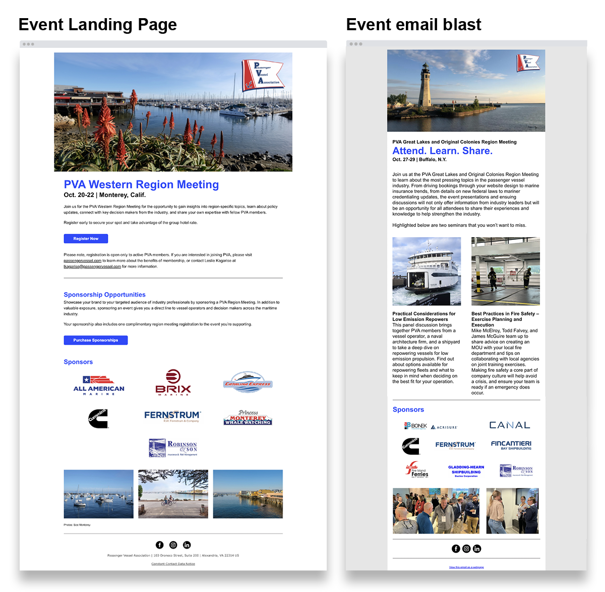 Sample event landing page and email blast