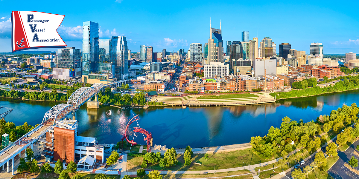 Aerial view of Nashville and river running through city
