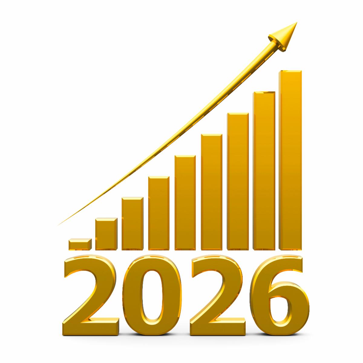 Gold business graph with gold arrow up represents the growth in 2026 year three-dimensional rendering 3D illustration