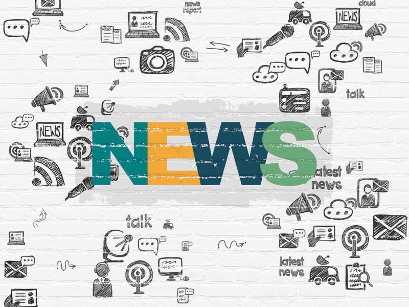 News concept  Painted multicolor text News on White Brick wall background with Scheme Of Hand Drawn News Icons, 3d render