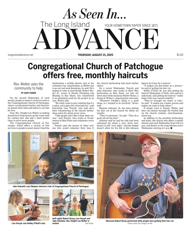 Image of this week's LI Advance article featuring the Congregational Church's free barbershop