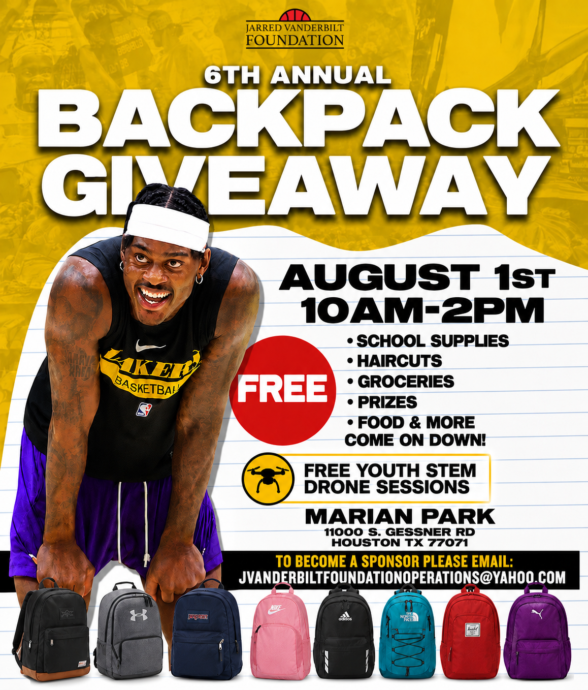 Jarred Vanderbilt Foundation backpack giveaway flyer