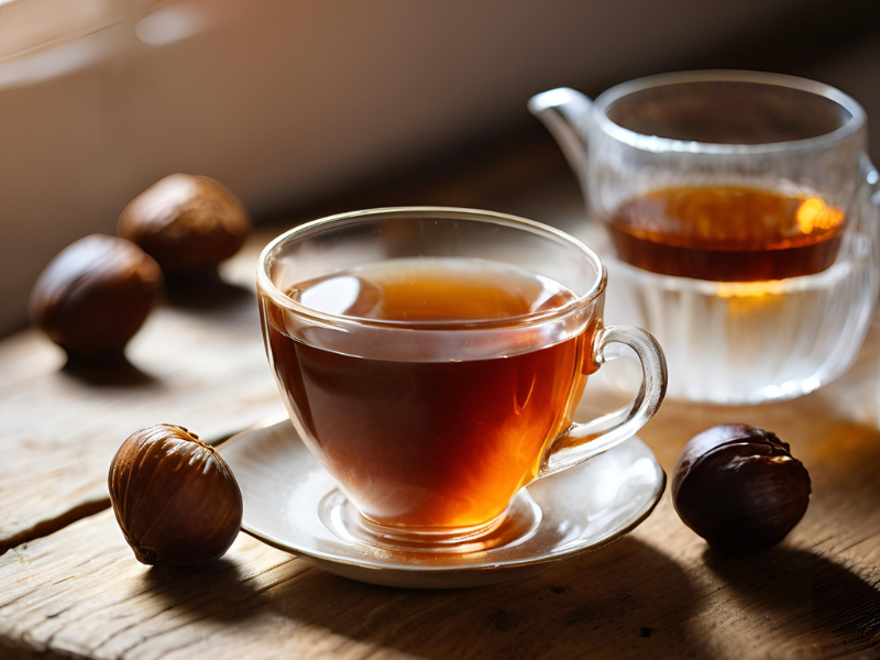 teapot and cup of tea next to candied chestnuts