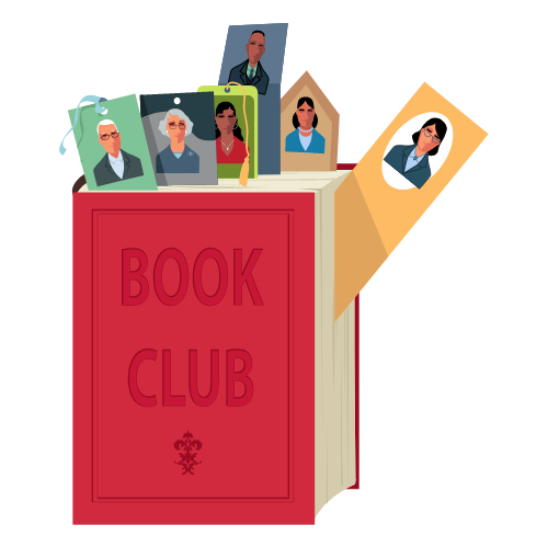 red book club book bookmarks sticking out of pages with diverse faces