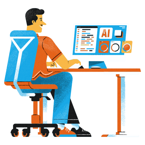 Man at a desk with a computer, AI on the screen