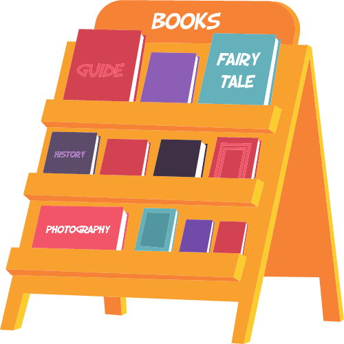 A-frame bookshelf with various books leaning on shelves