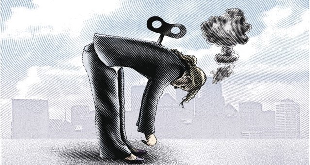 Graphic of a very tired person bent over in exhaustion, steam rising from their head and a key in their back looking to be turned to renew their energy