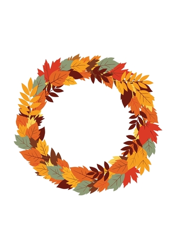 A beautiful circular wreath made of autumn leaves in various colors like orange red and yellow forms a festive decoration.