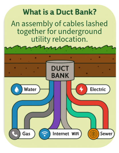 A graphic illustrating an assembly of cables lashed together for underground utility location in a common duct bank