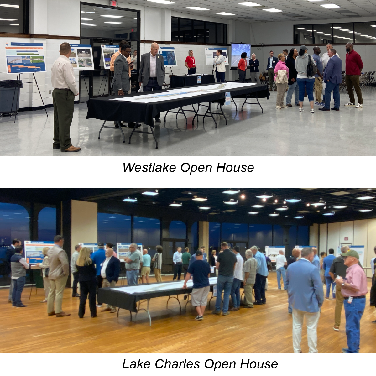 Meeting attendees at multiple public meetings looking at displays and talking with the project team.