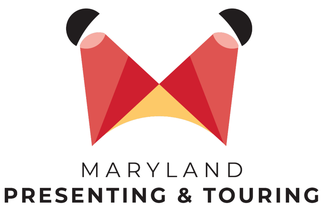 presenting and touring logo - red black and yellow double spotlight