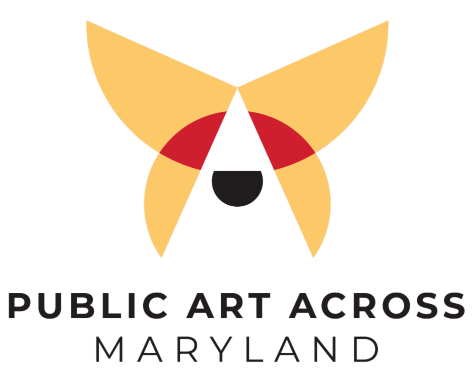 msac public art across maryland logo, yellow and red abstract butterfly with semi circle in center between wings