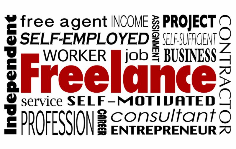 Freelance word collage with related terms like independent worker, consultant, entrepreneur, free agent, project, assignment and profession