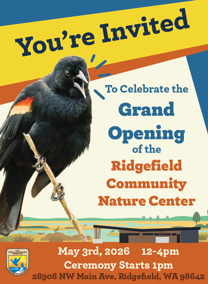 You're invited to celebrate the Grand Opening of the Ridgefield Community Nature Center May 3rd 2026 12 to 4 pm Ceremony starts 1pm 28908 NW Main ave Ridgefield, WA 98642