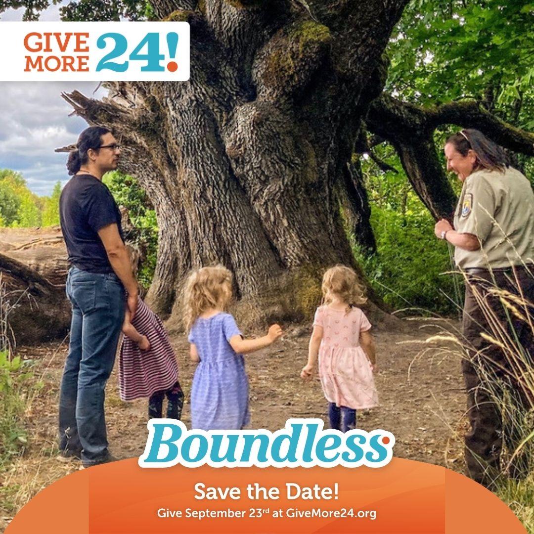 GiveMore24 logos over three children and two adults on the Refuge