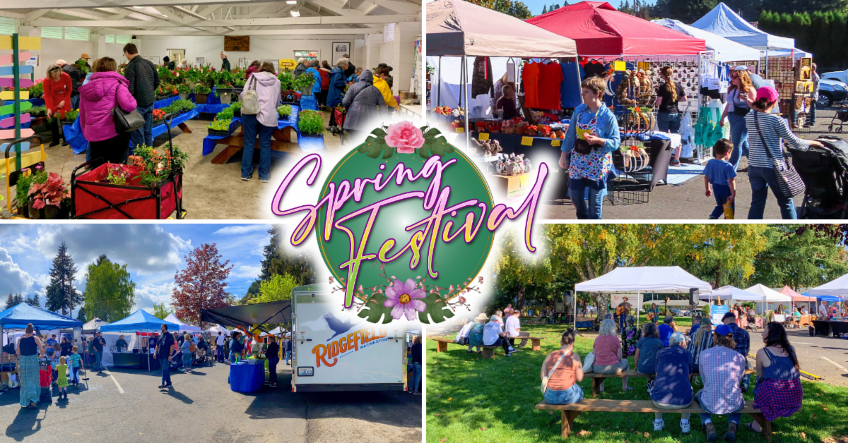 Ridgefield First Saturdays May Spring Festival four images and logo