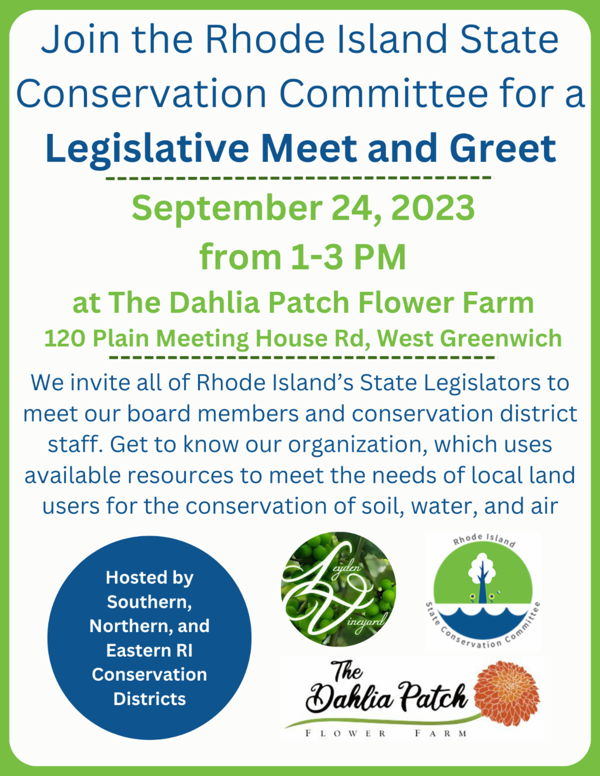 Legislative Meet and Greet in West Greenwich Sep 24th from 13 PM