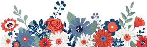 American patriotic floral border bouquet. Vector illustration. Isolated on white background. 4th of July themed holiday design.