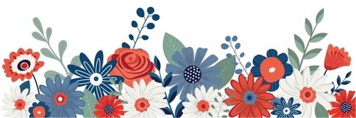 American patriotic floral border bouquet. Vector illustration. Isolated on white background. 4th of July themed holiday design.