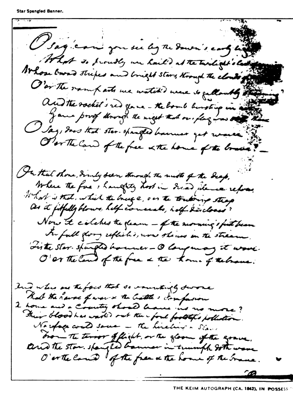 A handwritten copy of The Star Spangled Banner