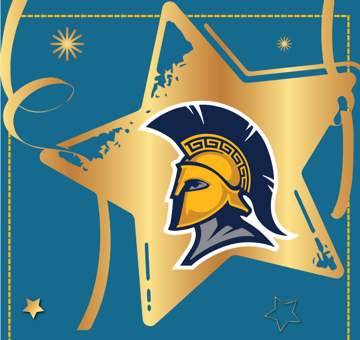 Blue background with a large gold star. The star has the UNCG spartan head logo inside.