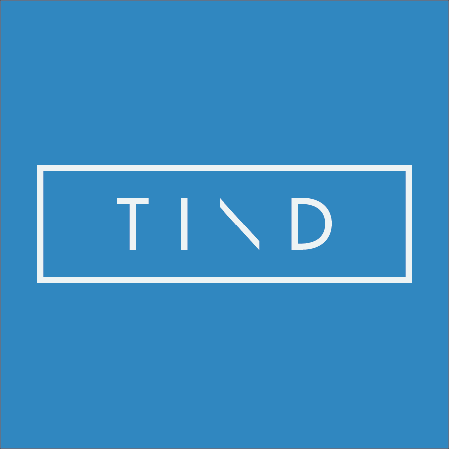 Light blue square with abstract-style white text which reads TIND. White box around the text.