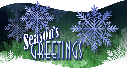 Graphic composition of Christmas tree holiday Snowflake Ornaments on paint brush stroke textured background with the message Season s Greetings for possible use as greeting card or banner.