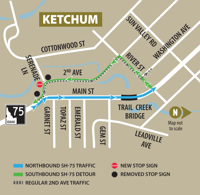 Map showing detour and stop sign changes described in website text. 