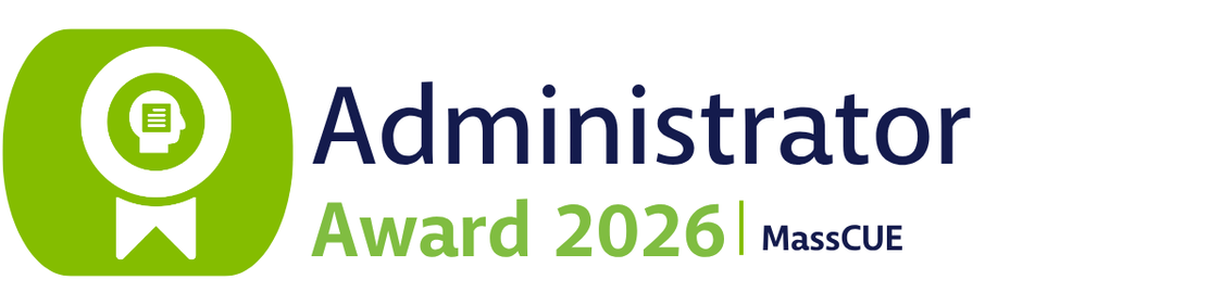 MassCUE Administrator Award 2026 logo, featuring a green award ribbon icon with a head silhouette holding a document.