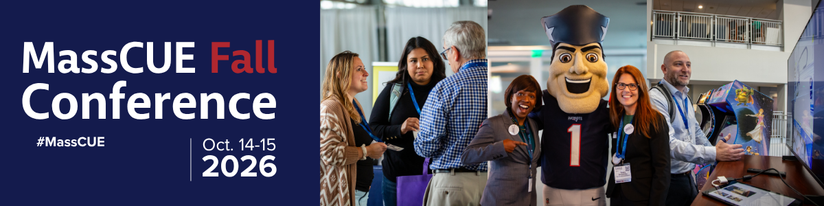 MassCUE Fall Conference banner with #MassCUE hashtag and dates Oct. 14-15, 2026, alongside photos of attendees networking and posing with the conference mascot."