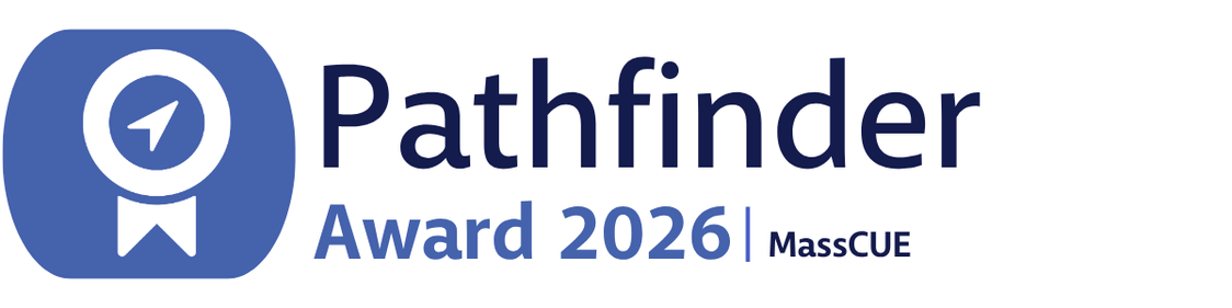 MassCUE Pathfinder Award 2026 logo, featuring a blue award ribbon icon with a navigation arrow.