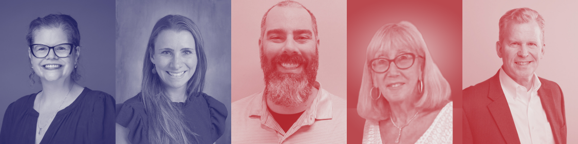 A banner of smiling headshots of the five MassCUE Fall Conference award winners, shown side by side in blue and red duotone. From left to right: Jacqueline Marie Collins, Elizabeth Voci, Ryan Robidoux, Gail Ross-McBride, and Jim Flanagan.
