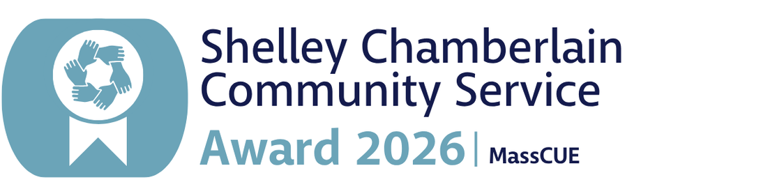 MassCUE Shelley Chamberlain Community Service Award 2026 logo, featuring a light blue award ribbon icon with hands joined in a circle.