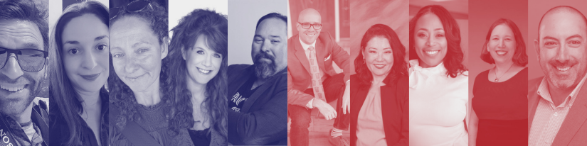 Collage of nine Fall Conference speaker headshots, five in blue tint on the left and four in red tint on the right.