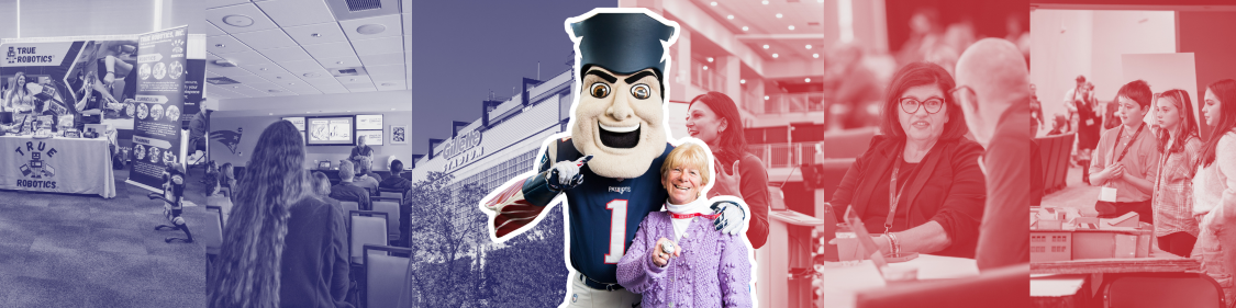 Banner of conference photos tinted blue and red: a True Robotics exhibit booth, attendees seated watching a session, the New England Patriots mascot Pat Patriot posing with an attendee outside Gillette Stadium, two people talking in a lobby, a close-up conversation between two attendees, and a group of students looking at exhibit materials