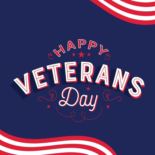 Happy Veterans Day typography banner_ poster_ greeting card vector illustration on blue background and USA flag red stripes. Honoring holiday of American Veterans Day on November 11. 3d text