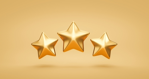 Three Gold rating star symbol of customer satisfaction review service best quality ranking icon or feedback success sign award and product evaluation rate on golden 3d background with excellent vote.